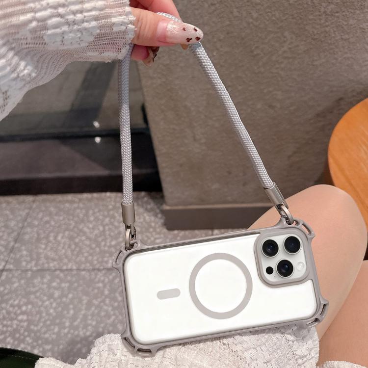 For iPhone 15 Pro Max Drone-Style Four-Corner Shockproof Magnetic Acrylic Phone Case with Long and Short Lanyard