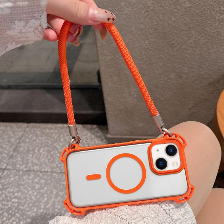 For iPhone 15 Drone-Style Four-Corner Shockproof Magnetic Acrylic Phone Case with Long and Short Lanyard