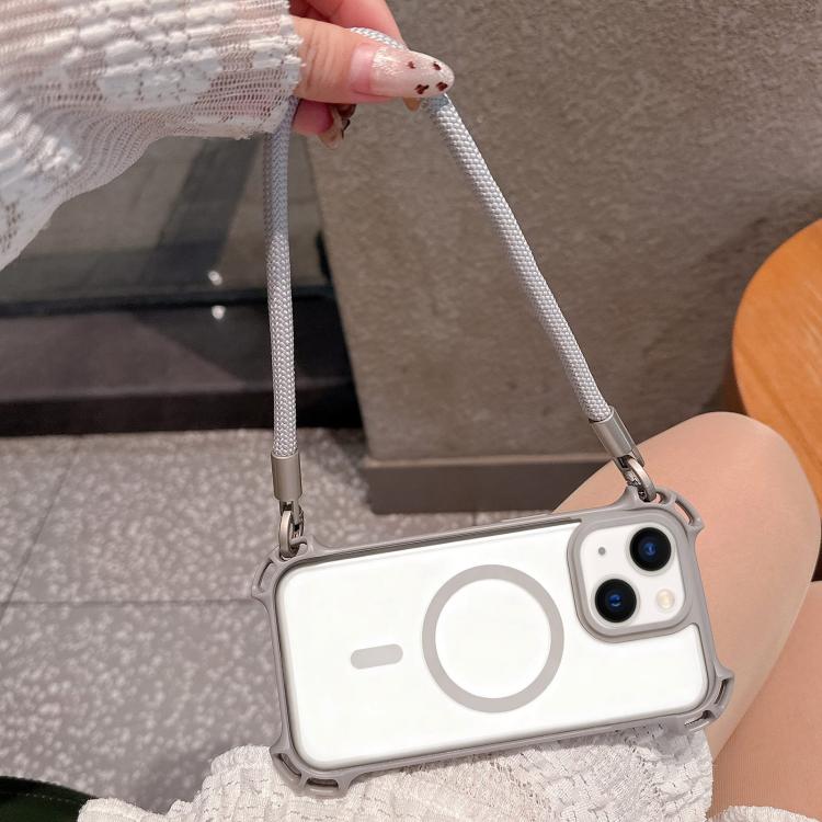 For iPhone 15 Drone-Style Four-Corner Shockproof Magnetic Acrylic Phone Case with Long and Short Lanyard
