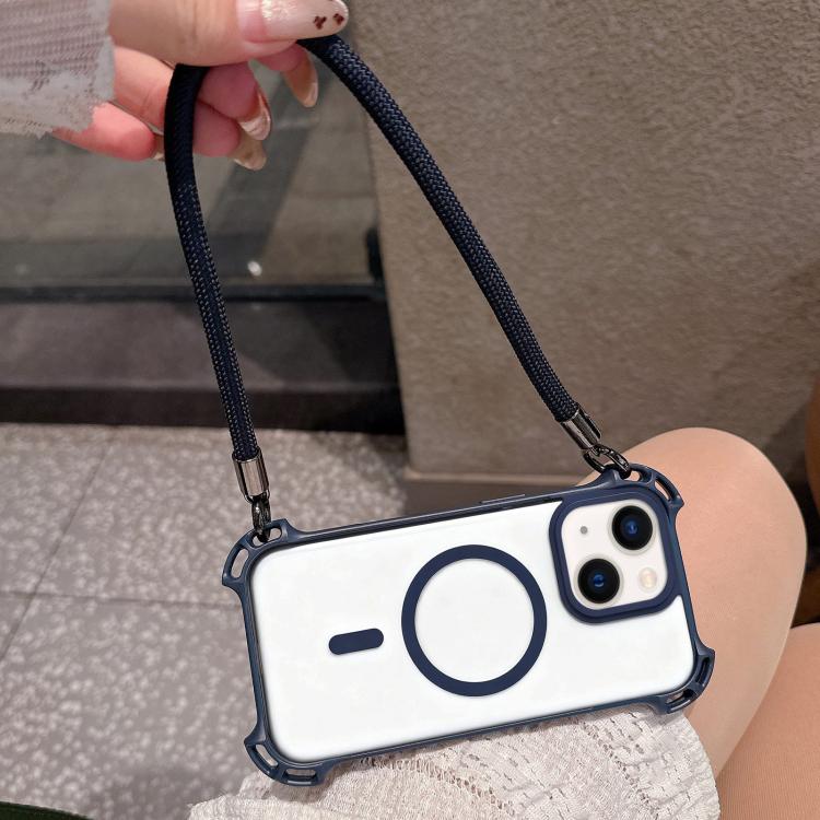 For iPhone 14 Plus Drone-Style Four-Corner Shockproof Magnetic Acrylic Phone Case with Long and Short Lanyard