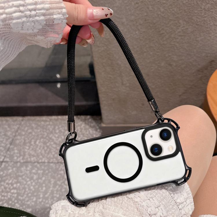 For iPhone 14 Drone-Style Four-Corner Shockproof Magnetic Acrylic Phone Case with Long and Short Lanyard