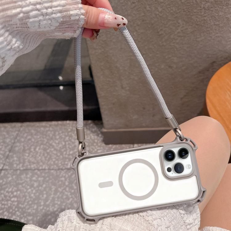 For iPhone 14 Pro Max Drone-Style Four-Corner Shockproof Magnetic Acrylic Phone Case with Long and Short Lanyard