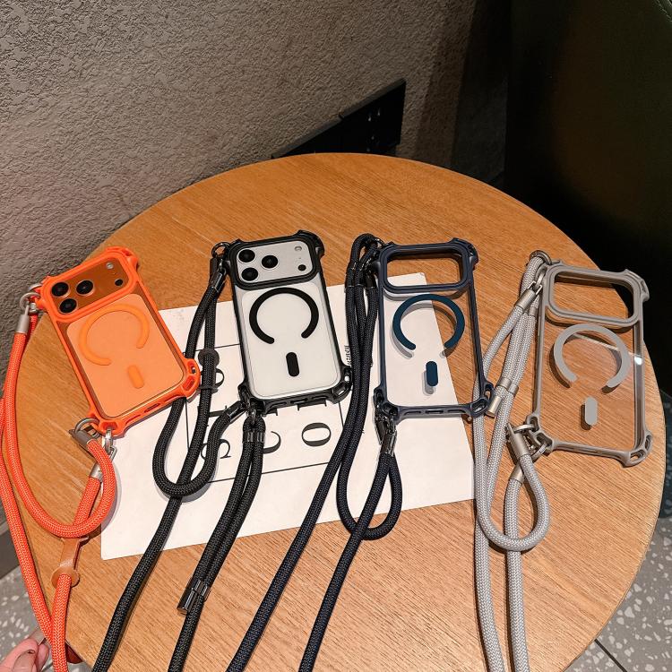 For iPhone 13 Pro Max Drone-Style Four-Corner Shockproof Magnetic Acrylic Phone Case with Long and Short Lanyard