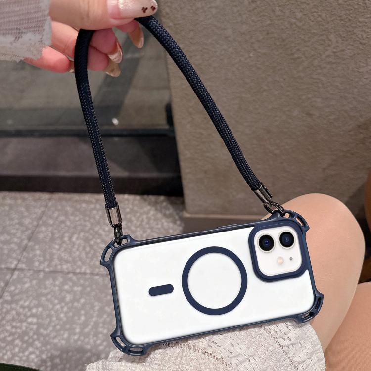 For iPhone 12 Drone-Style Four-Corner Shockproof Magnetic Acrylic Phone Case with Long and Short Lanyard