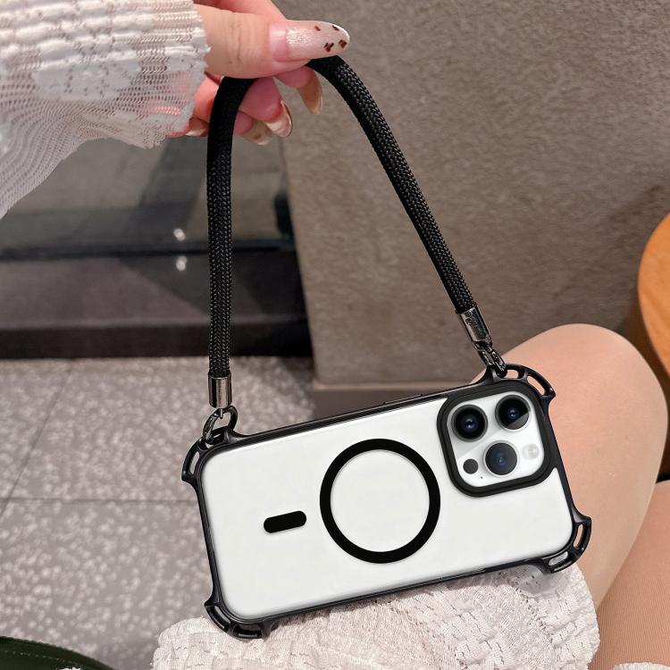 For iPhone 12 Pro Drone-Style Four-Corner Shockproof Magnetic Acrylic Phone Case with Long and Short Lanyard