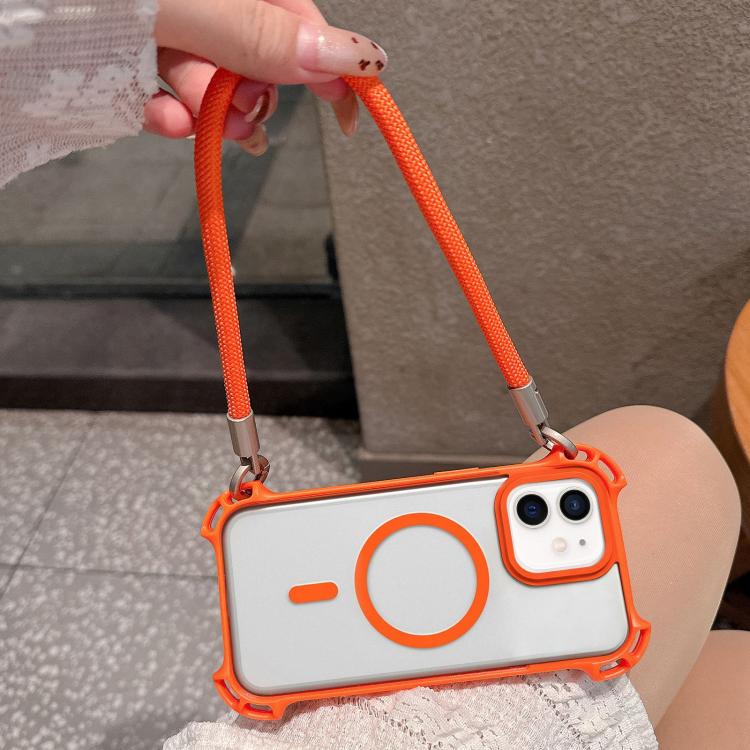For iPhone 11 Drone-Style Four-Corner Shockproof Magnetic Acrylic Phone Case with Long and Short Lanyard