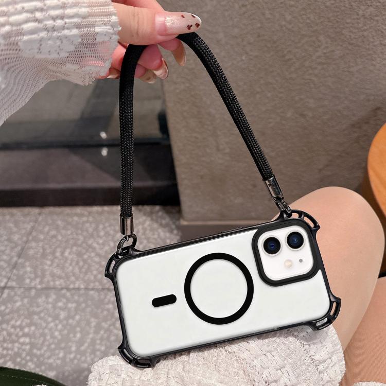 For iPhone 11 Drone-Style Four-Corner Shockproof Magnetic Acrylic Phone Case with Long and Short Lanyard
