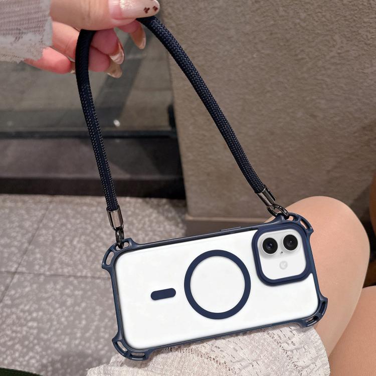 For iPhone 16 Plus Drone-Style Four-Corner Shockproof Magnetic Acrylic Phone Case with Long and Short Lanyard