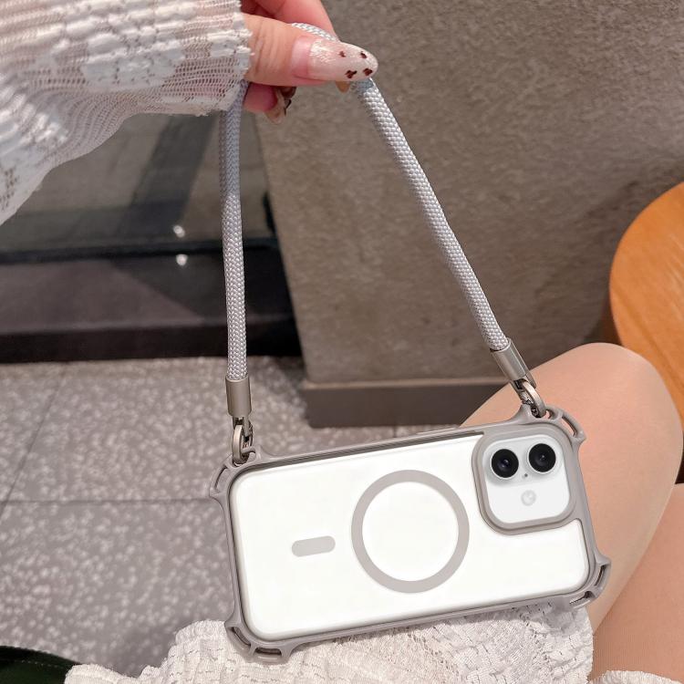 For iPhone 16 Plus Drone-Style Four-Corner Shockproof Magnetic Acrylic Phone Case with Long and Short Lanyard