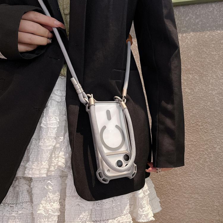 For iPhone 13 Pro Max Drone-Style Four-Corner Shockproof Magnetic Acrylic Phone Case with Long and Short Lanyard