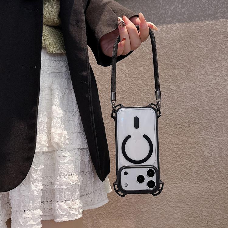For iPhone 13 Pro Max Drone-Style Four-Corner Shockproof Magnetic Acrylic Phone Case with Long and Short Lanyard