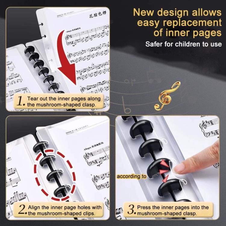 A4 Size Mushroom-shaped Button Music Sheet Binder Folder with Index Tabs, Type:Black 20 Pages