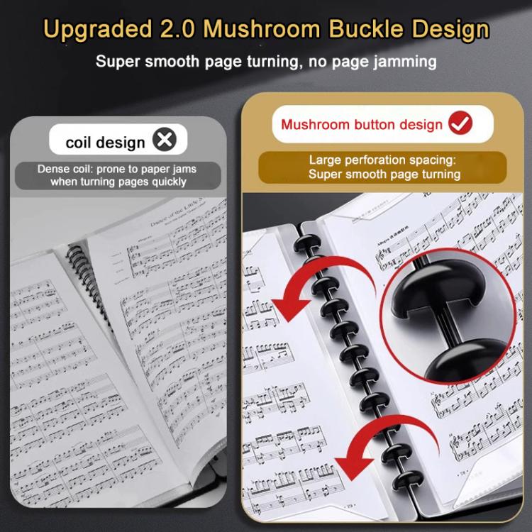 A4 Size Mushroom-shaped Button Music Sheet Binder Folder with Index Tabs, Type:Pink 30 Pages+Pen+Notebook