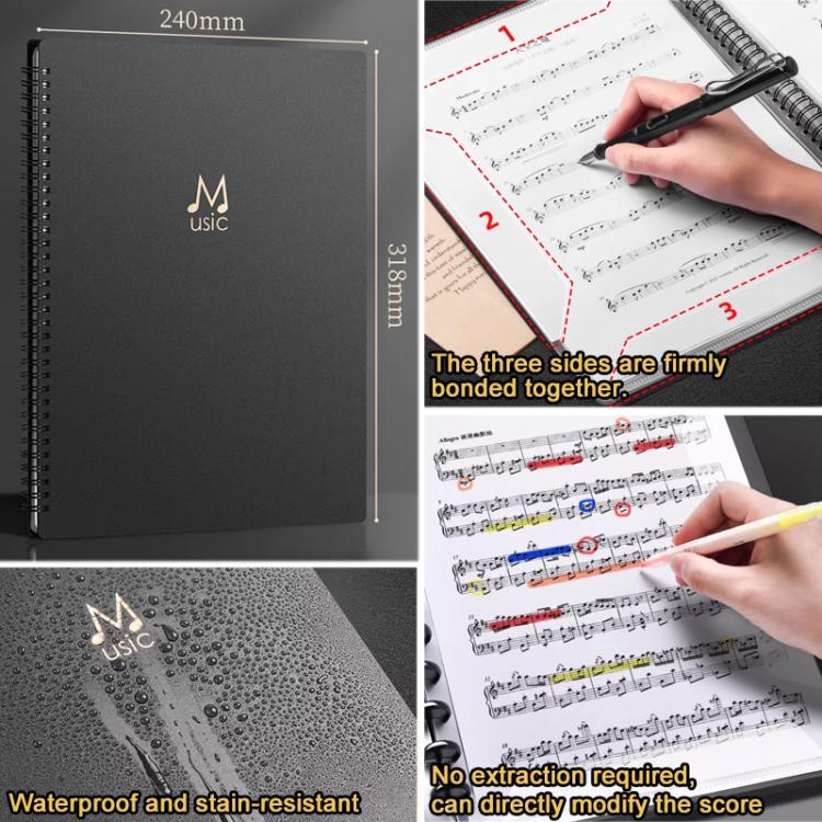 A4 Size Mushroom-shaped Button Music Sheet Binder Folder with Index Tabs, Type:Black 30 Pages