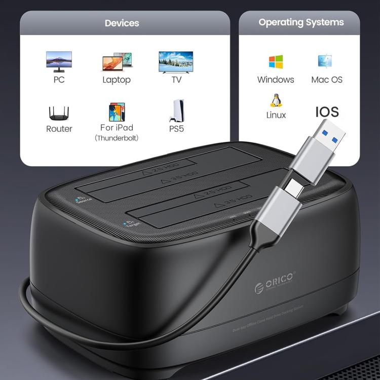 ORICO DD28C3-C 2.5 / 3.5 inch HDD / SSD Type-C to SATA 2 Bay Drive Docking Station, UK Plug - Black