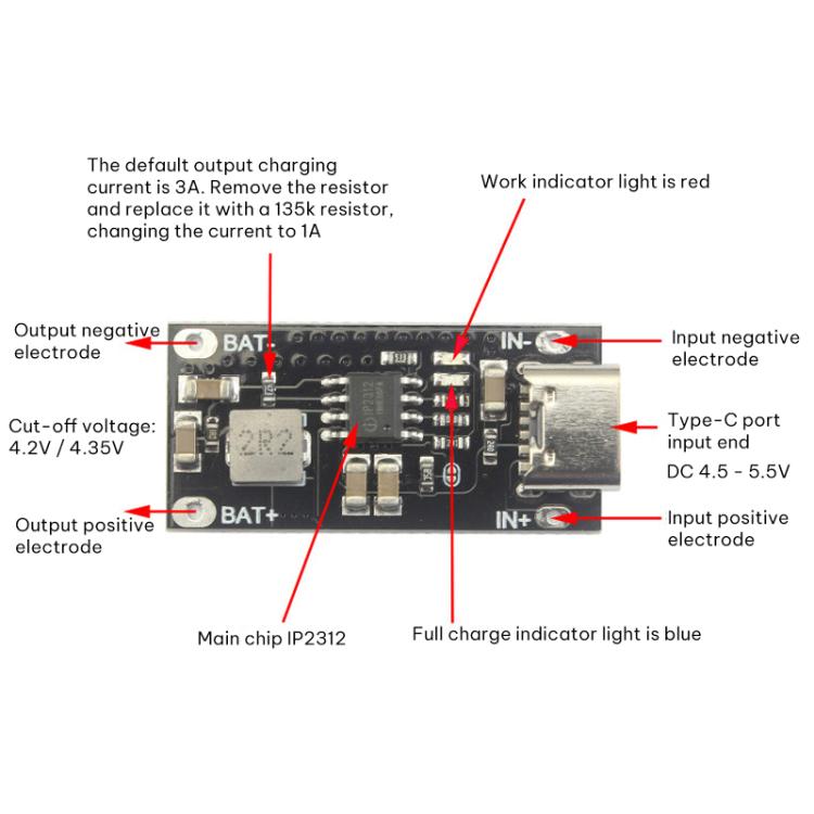 IP2312 Type-C Polymer Ternary Lithium Battery Fast Charging Board 3A 5V to 4.2V 4.35V