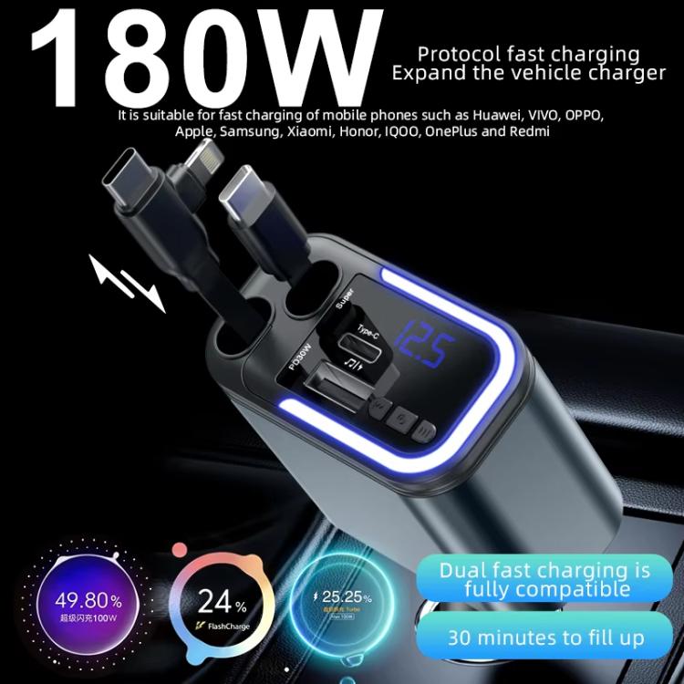 F9 Car MP3 Bluetooth Player Fast Charger with Retractable Cable - Black