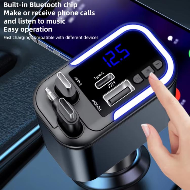 F9 Car MP3 Bluetooth Player Fast Charger with Retractable Cable - Black