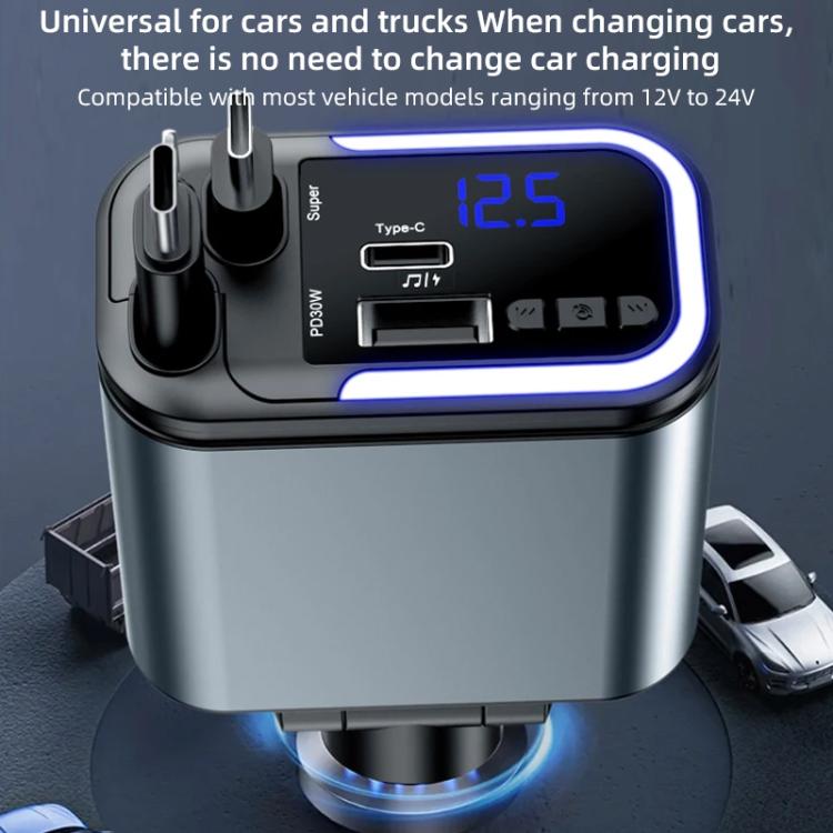 F9 Car MP3 Bluetooth Player Fast Charger with Retractable Cable - Black