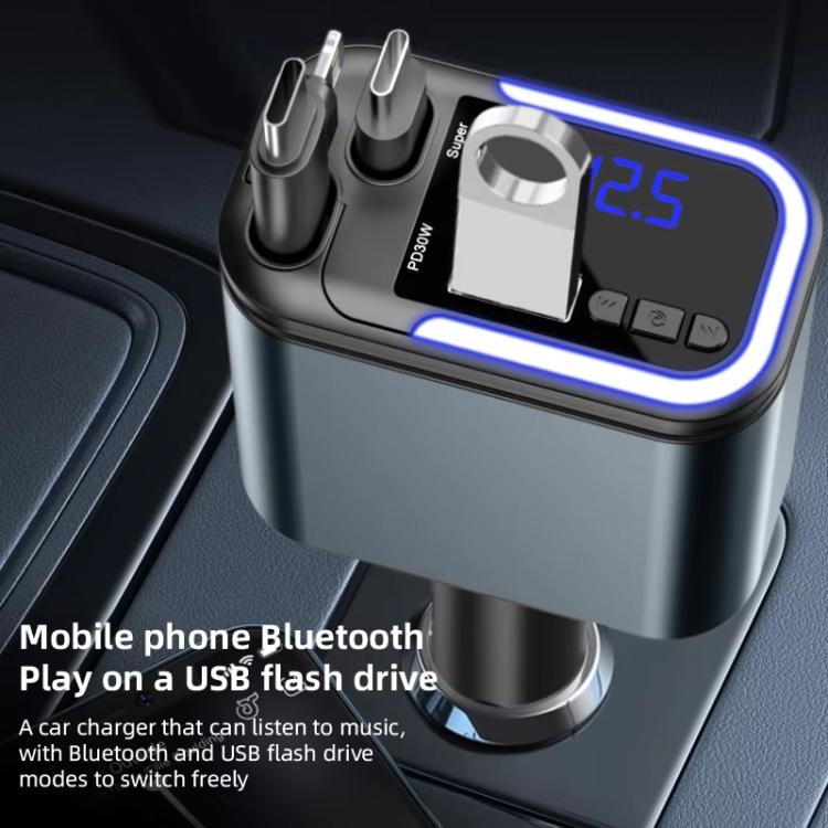 F9 Car MP3 Bluetooth Player Fast Charger with Retractable Cable - Black