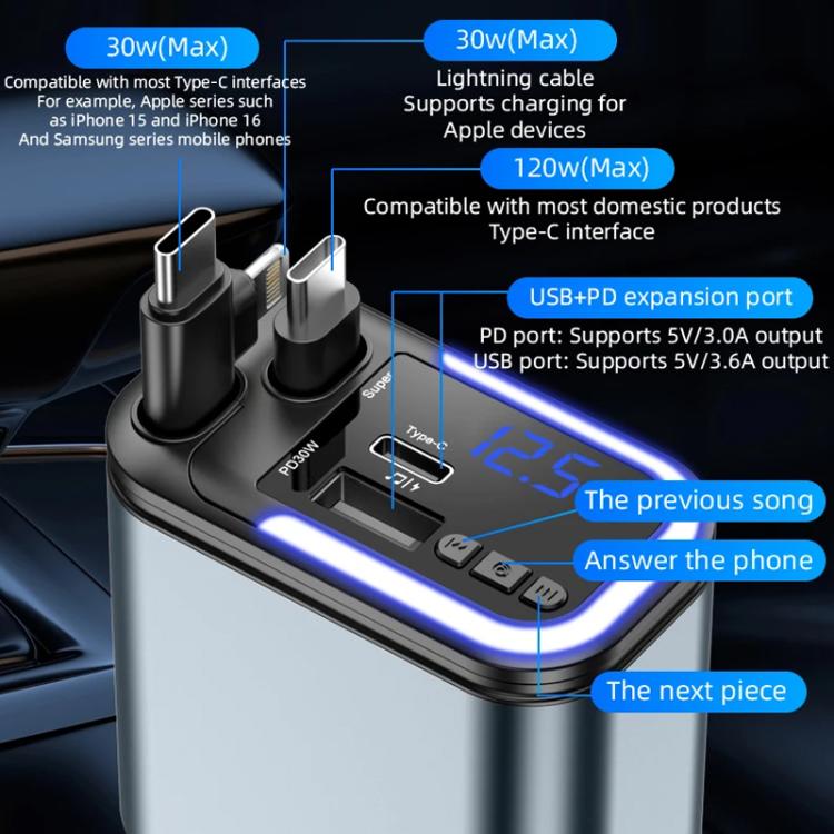 F9 Car MP3 Bluetooth Player Fast Charger with Retractable Cable - Black