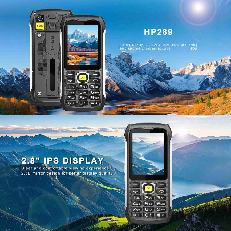 HP289 4G IP68 Rugged Phone, 2.8 inch, 4500mAh Battery, Network: 4G, BT, FM, SOS, Torch, Plug:AU Plug - Black