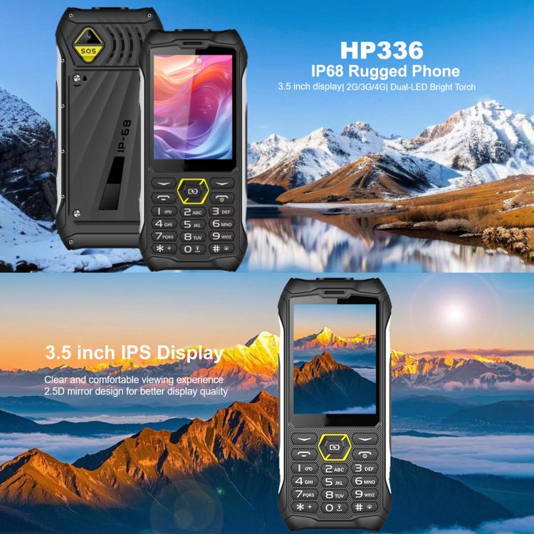 HP336 4G IP68 Rugged Phone, 3.5 inch, 4500mAh Battery, Network: 4G, BT, FM, SOS, Torch, Plug:US Plug - Black