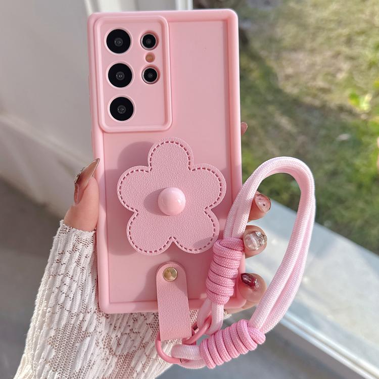 For Samsung Galaxy S24 Ultra 5G Floral Holder TPU Phone Case with PU Buckle Lanyard