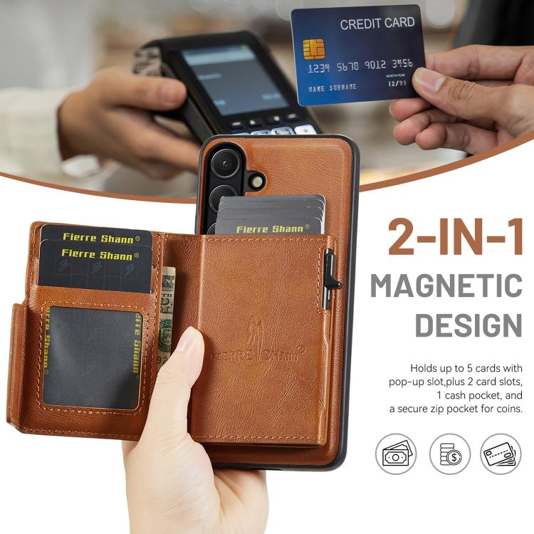 For Samsung Galaxy S26+ 5G Fierre Shann Oil Wax Vegan Leather Magnetic Card Holder Back Phone Case