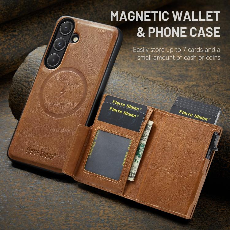 For Samsung Galaxy S26+ 5G Fierre Shann Oil Wax Vegan Leather Magnetic Card Holder Back Phone Case