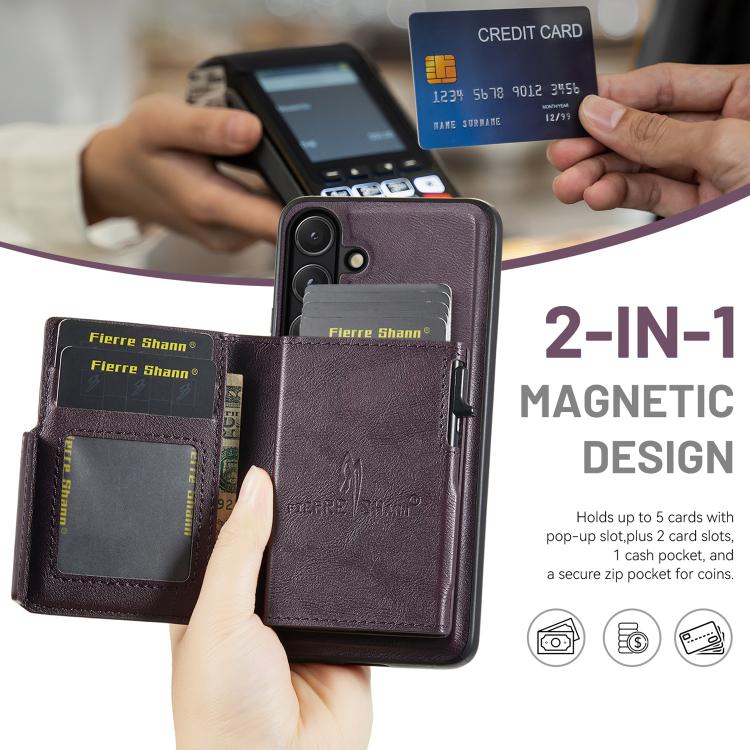For Samsung Galaxy S26+ 5G Fierre Shann Oil Wax Vegan Leather Magnetic Card Holder Back Phone Case