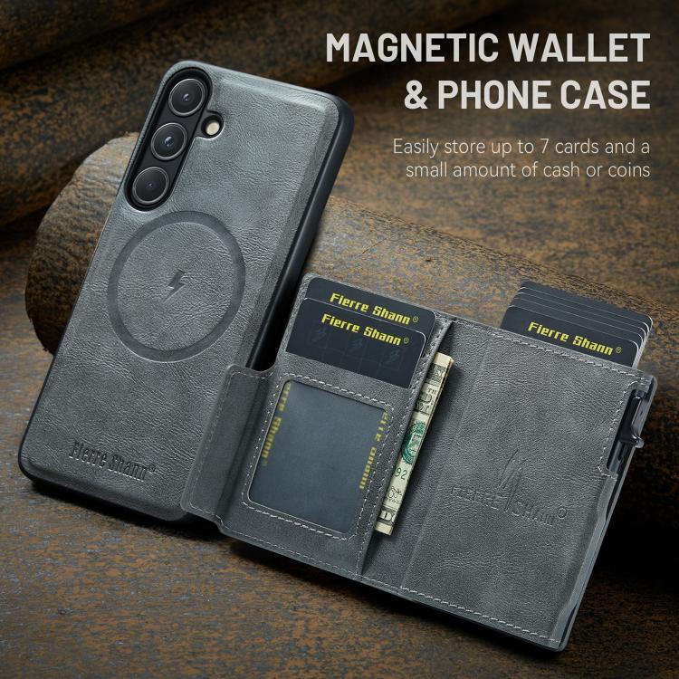 For Samsung Galaxy S26+ 5G Fierre Shann Oil Wax Vegan Leather Magnetic Card Holder Back Phone Case