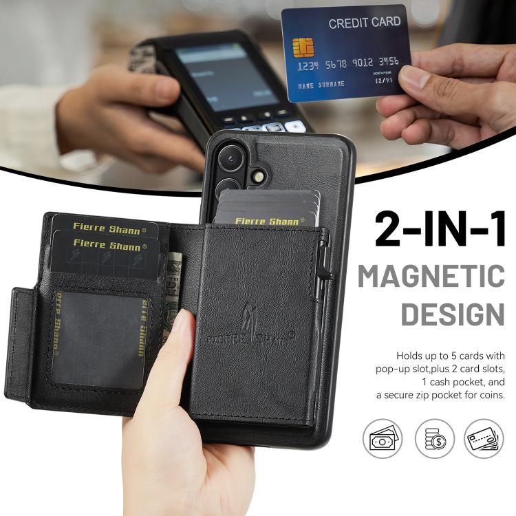 For Samsung Galaxy S26+ 5G Fierre Shann Oil Wax Vegan Leather Magnetic Card Holder Back Phone Case