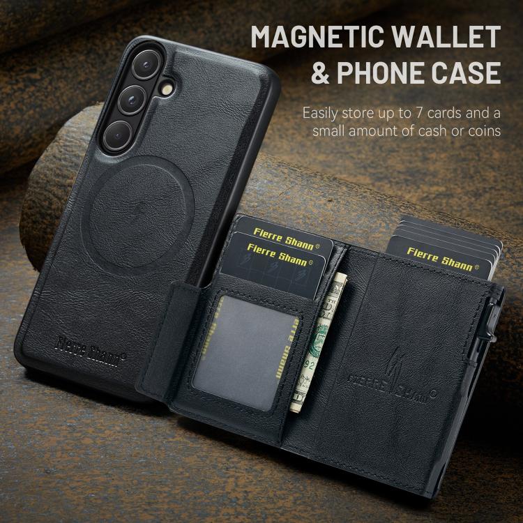 For Samsung Galaxy S26+ 5G Fierre Shann Oil Wax Vegan Leather Magnetic Card Holder Back Phone Case