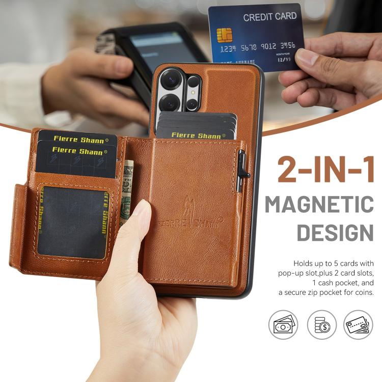 For Samsung Galaxy S26 Ultra 5G Fierre Shann Oil Wax Vegan Leather Magnetic Card Holder Back Phone Case