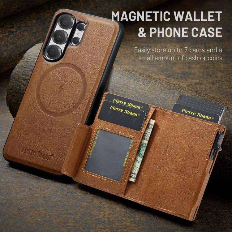For Samsung Galaxy S26 Ultra 5G Fierre Shann Oil Wax Vegan Leather Magnetic Card Holder Back Phone Case