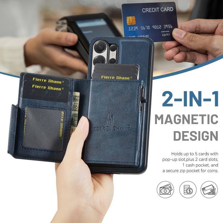 For Samsung Galaxy S26 Ultra 5G Fierre Shann Oil Wax Vegan Leather Magnetic Card Holder Back Phone Case