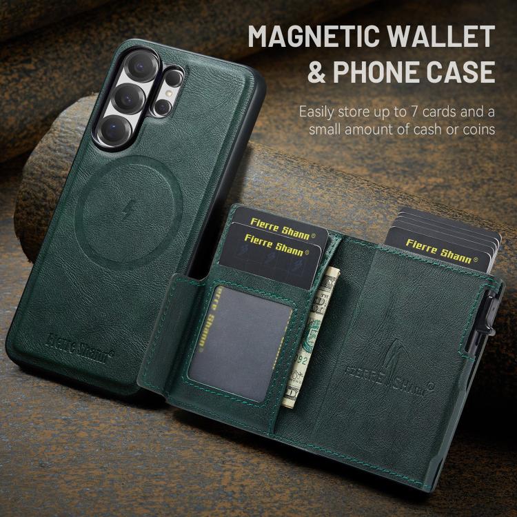 For Samsung Galaxy S26 Ultra 5G Fierre Shann Oil Wax Vegan Leather Magnetic Card Holder Back Phone Case