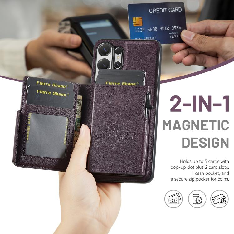 For Samsung Galaxy S26 Ultra 5G Fierre Shann Oil Wax Vegan Leather Magnetic Card Holder Back Phone Case