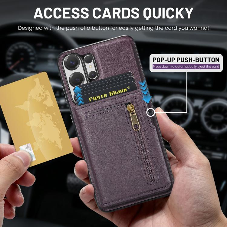 For Samsung Galaxy S26 Ultra 5G Fierre Shann Oil Wax Vegan Leather Magnetic Card Holder Back Phone Case