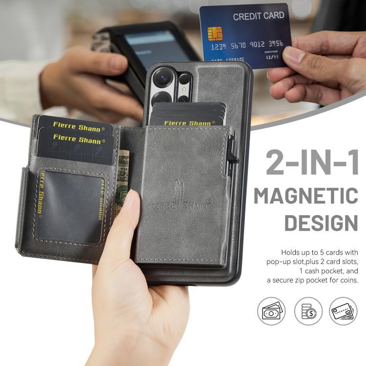 For Samsung Galaxy S26 Ultra 5G Fierre Shann Oil Wax Vegan Leather Magnetic Card Holder Back Phone Case