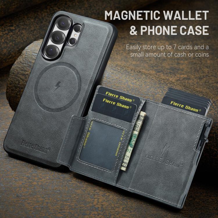 For Samsung Galaxy S26 Ultra 5G Fierre Shann Oil Wax Vegan Leather Magnetic Card Holder Back Phone Case