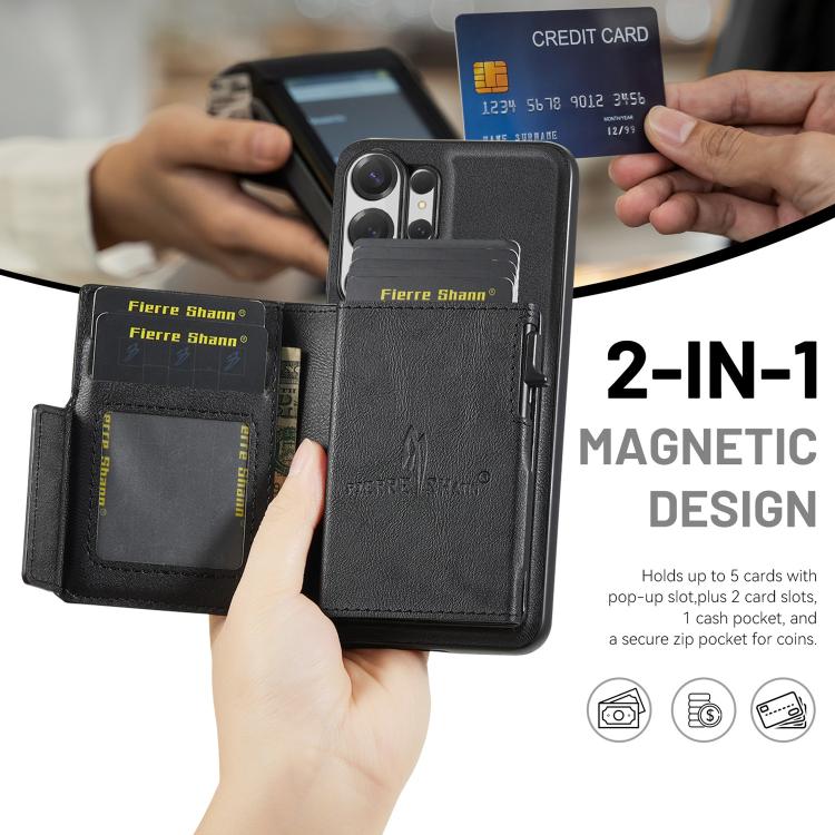 For Samsung Galaxy S26 Ultra 5G Fierre Shann Oil Wax Vegan Leather Magnetic Card Holder Back Phone Case