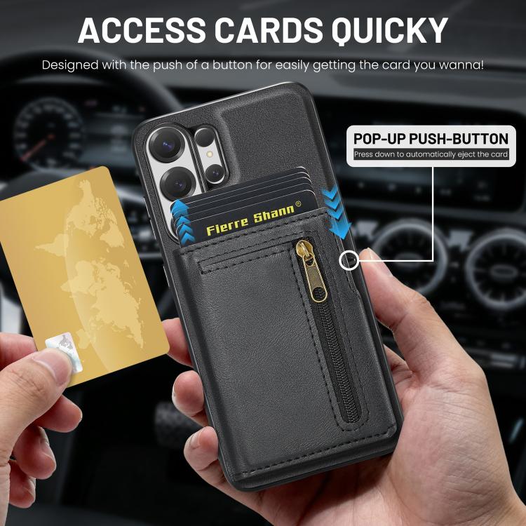 For Samsung Galaxy S26 Ultra 5G Fierre Shann Oil Wax Vegan Leather Magnetic Card Holder Back Phone Case