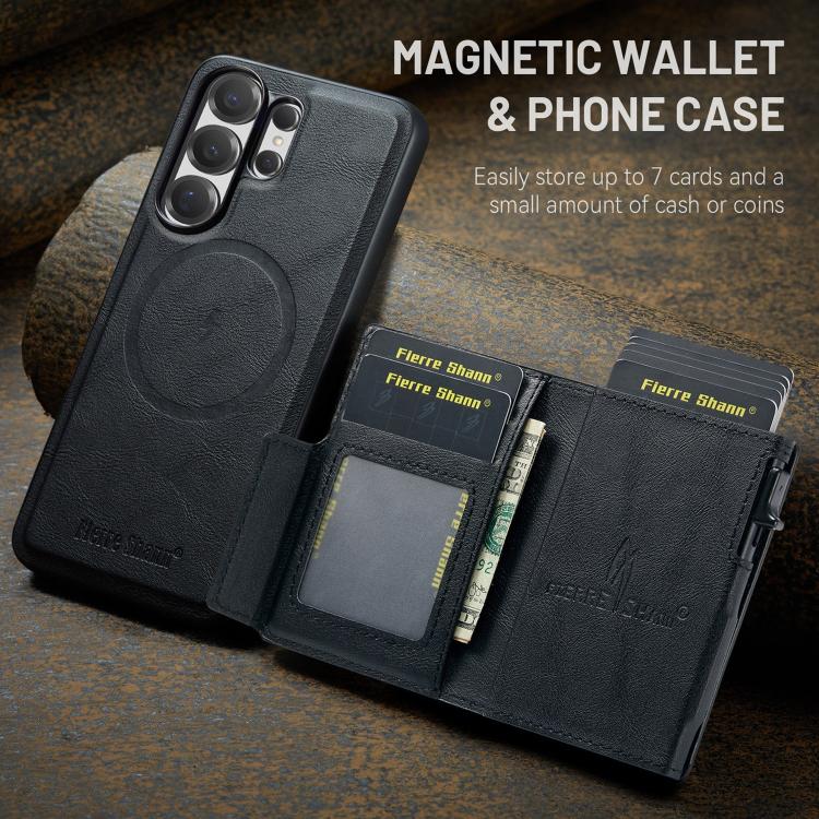 For Samsung Galaxy S26 Ultra 5G Fierre Shann Oil Wax Vegan Leather Magnetic Card Holder Back Phone Case