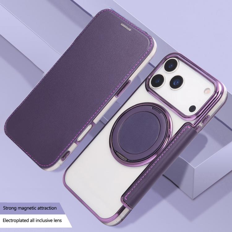 For iPhone 17 Pro Max Ultra-thin Rotation Holder Magnetic Plating Vegan Leather Phone Case
