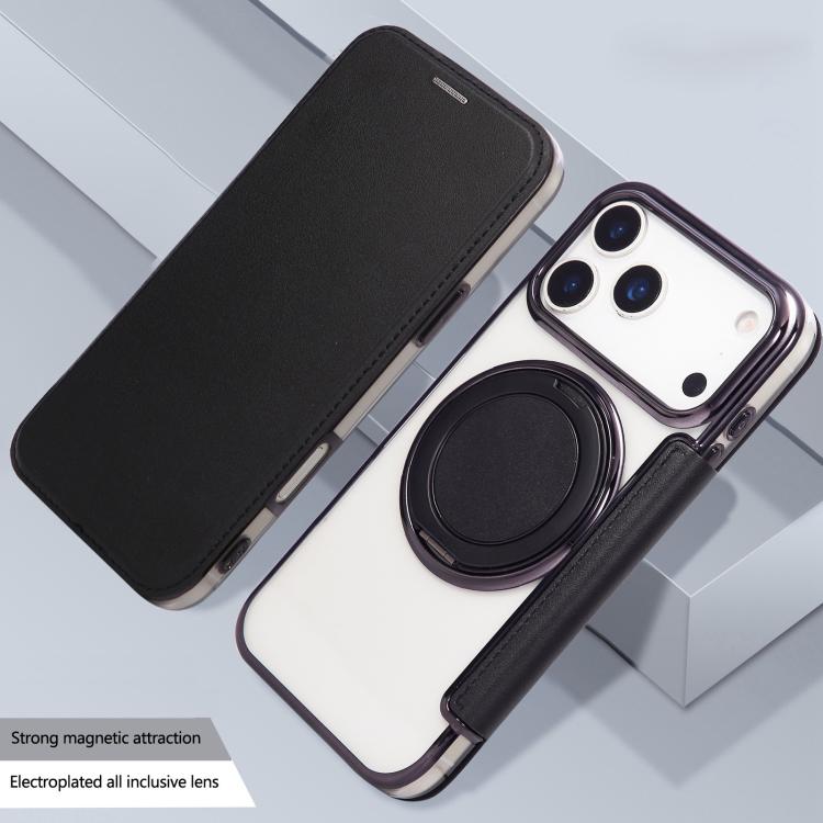 For iPhone 17 Pro Max Ultra-thin Rotation Holder Magnetic Plating Vegan Leather Phone Case
