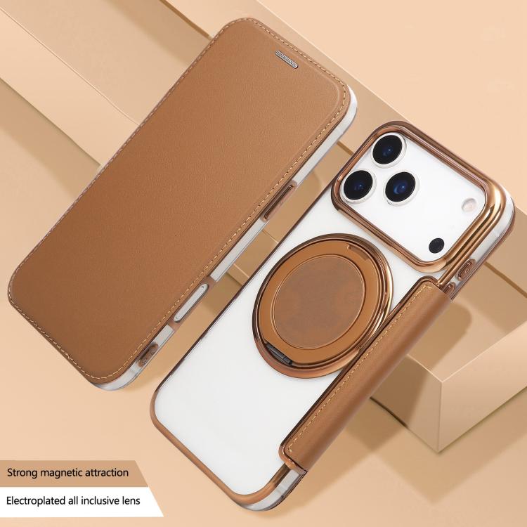 For iPhone 17 Pro Max Ultra-thin Rotation Holder Magnetic Plating Vegan Leather Phone Case