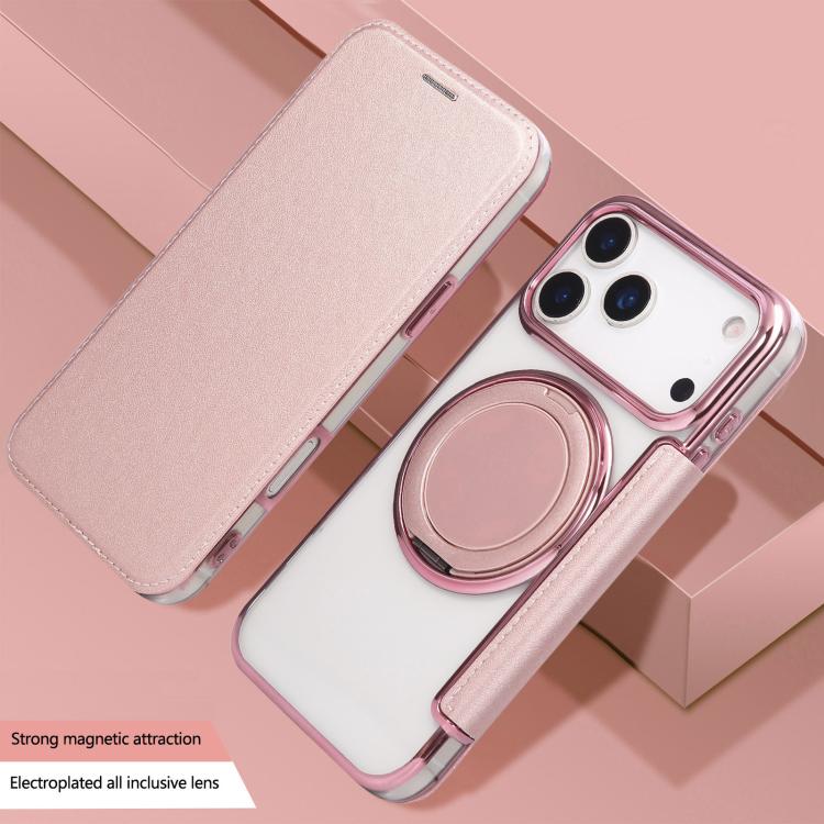 For iPhone 17 Pro Ultra-thin Rotation Holder Magnetic Plating Vegan Leather Phone Case