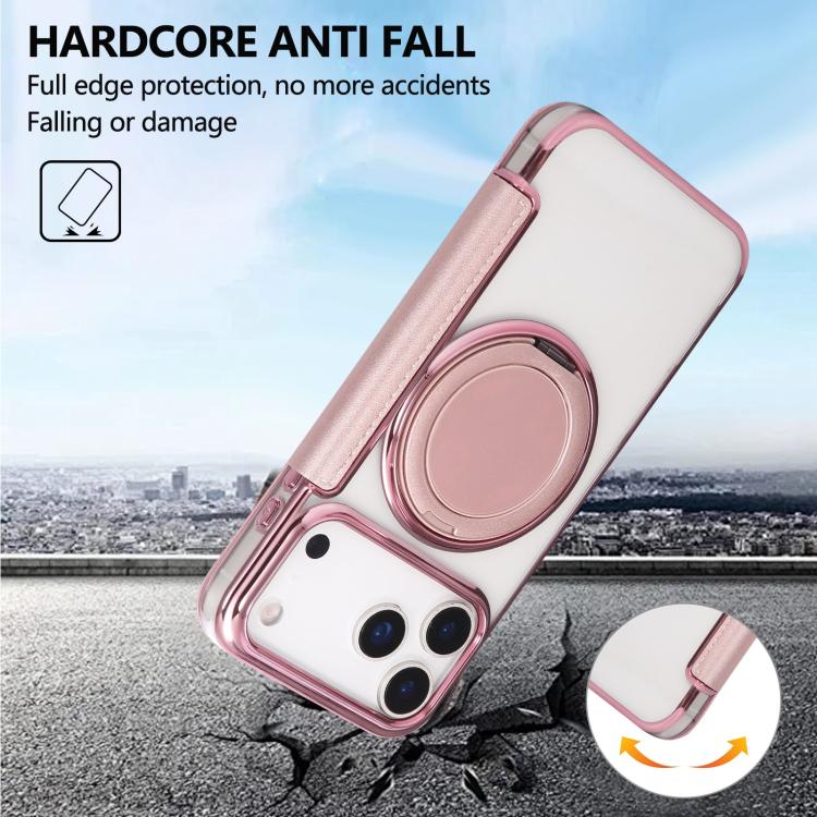 For iPhone 17 Pro Ultra-thin Rotation Holder Magnetic Plating Vegan Leather Phone Case